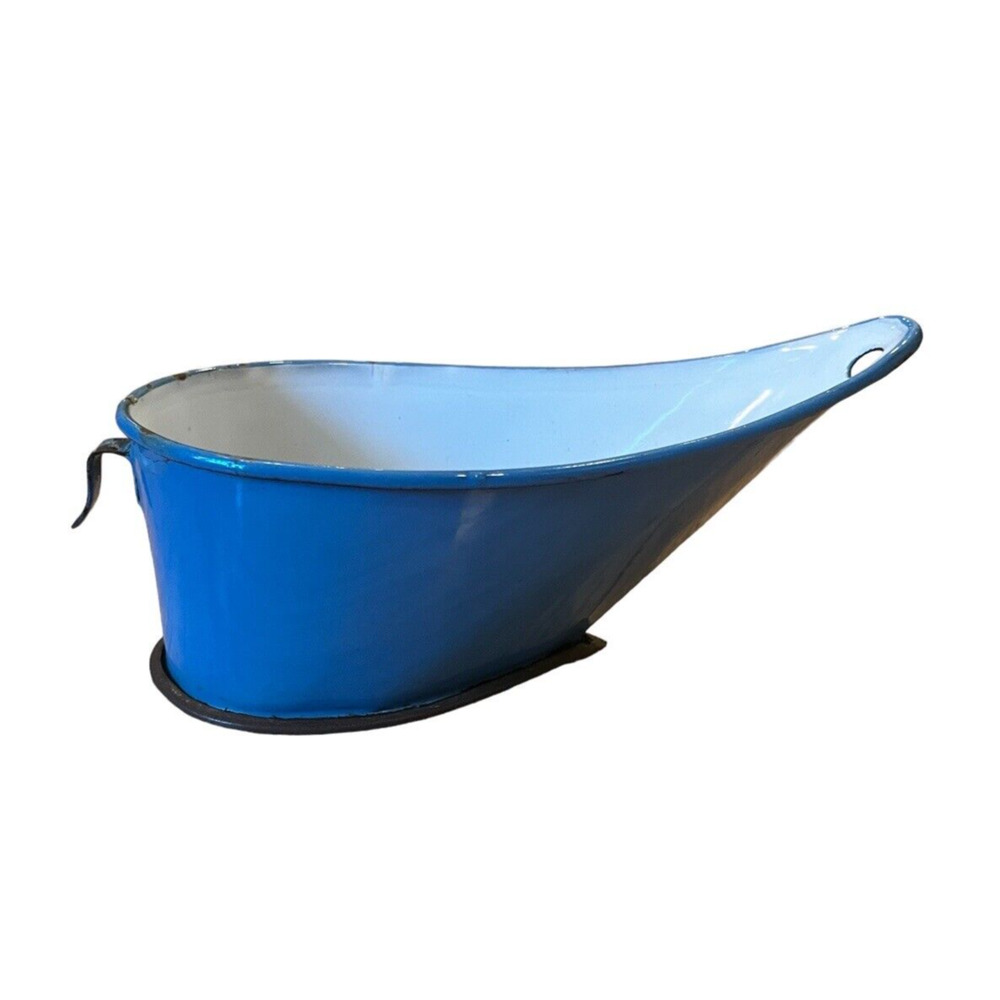 Antique VTG Blue Enamelware Scoop Strainer Sifter with Hook, 8.5" Rare enamel